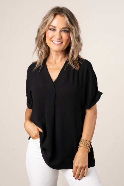 Front Pleat Cuffed Sleeve Top