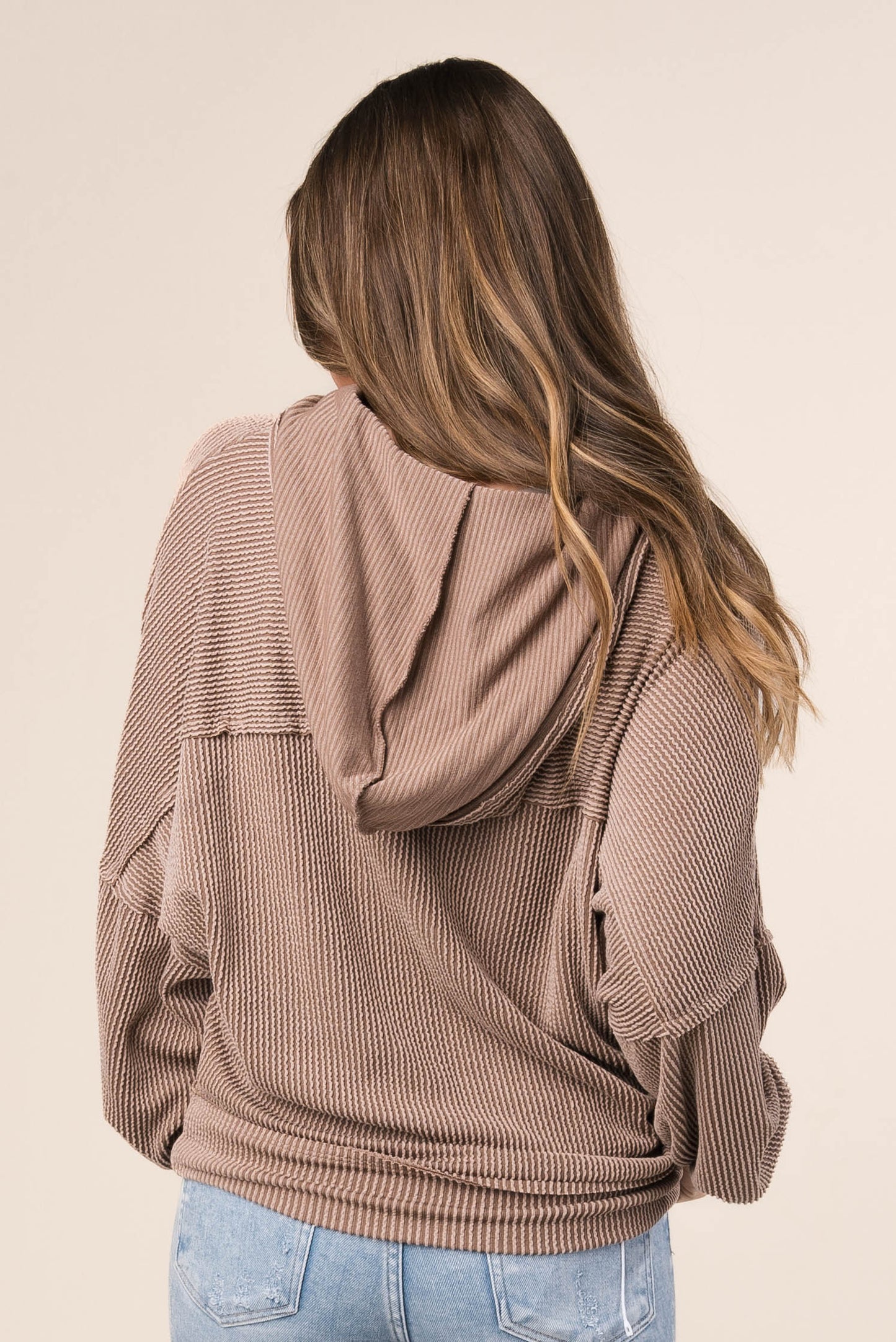 Ribbed Half Zip Hooded Top