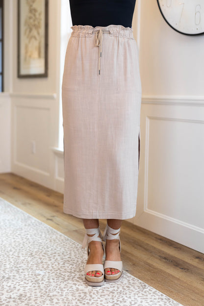 Linen Drawstring Midi Skirt