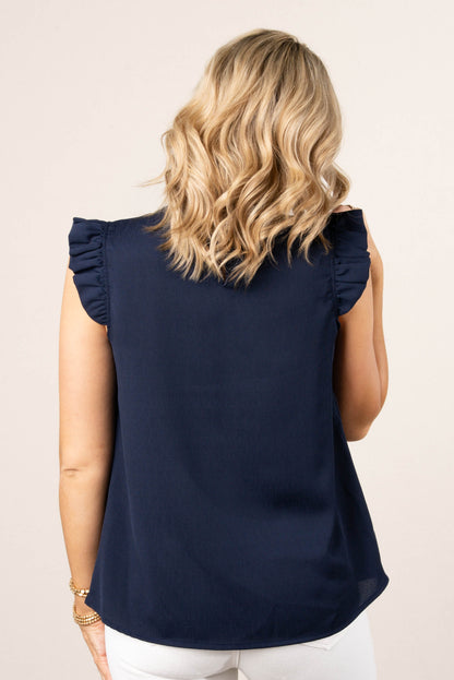Pleat Neck Ruffle Shoulder Top