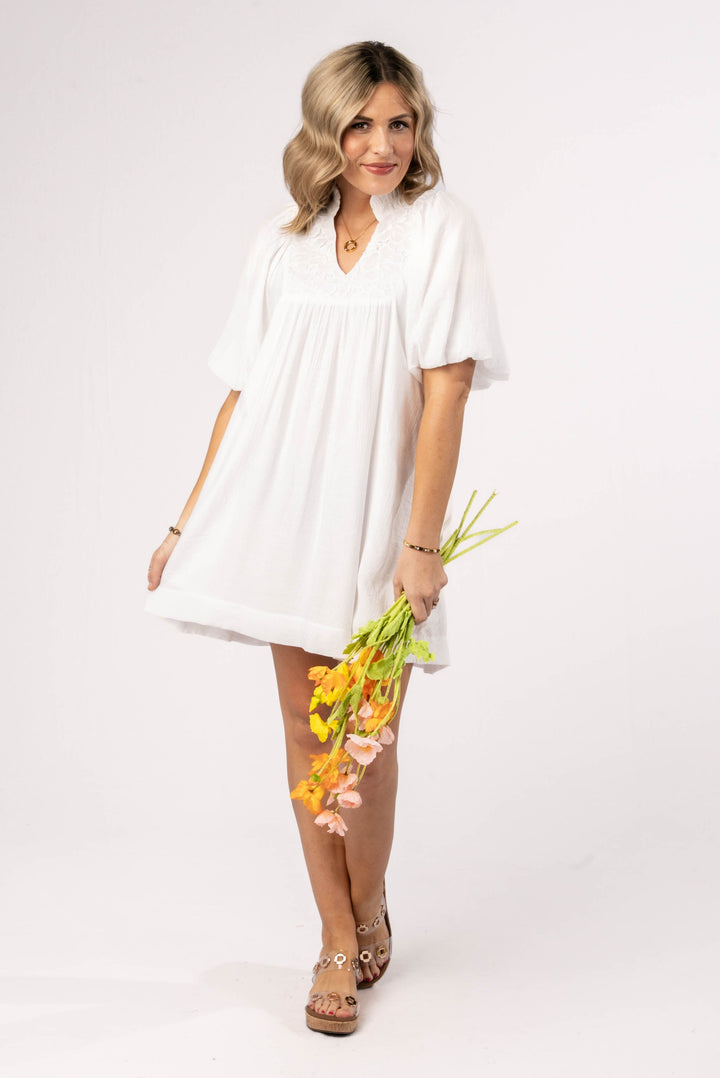 Lace Bodice Frill Neck Dress