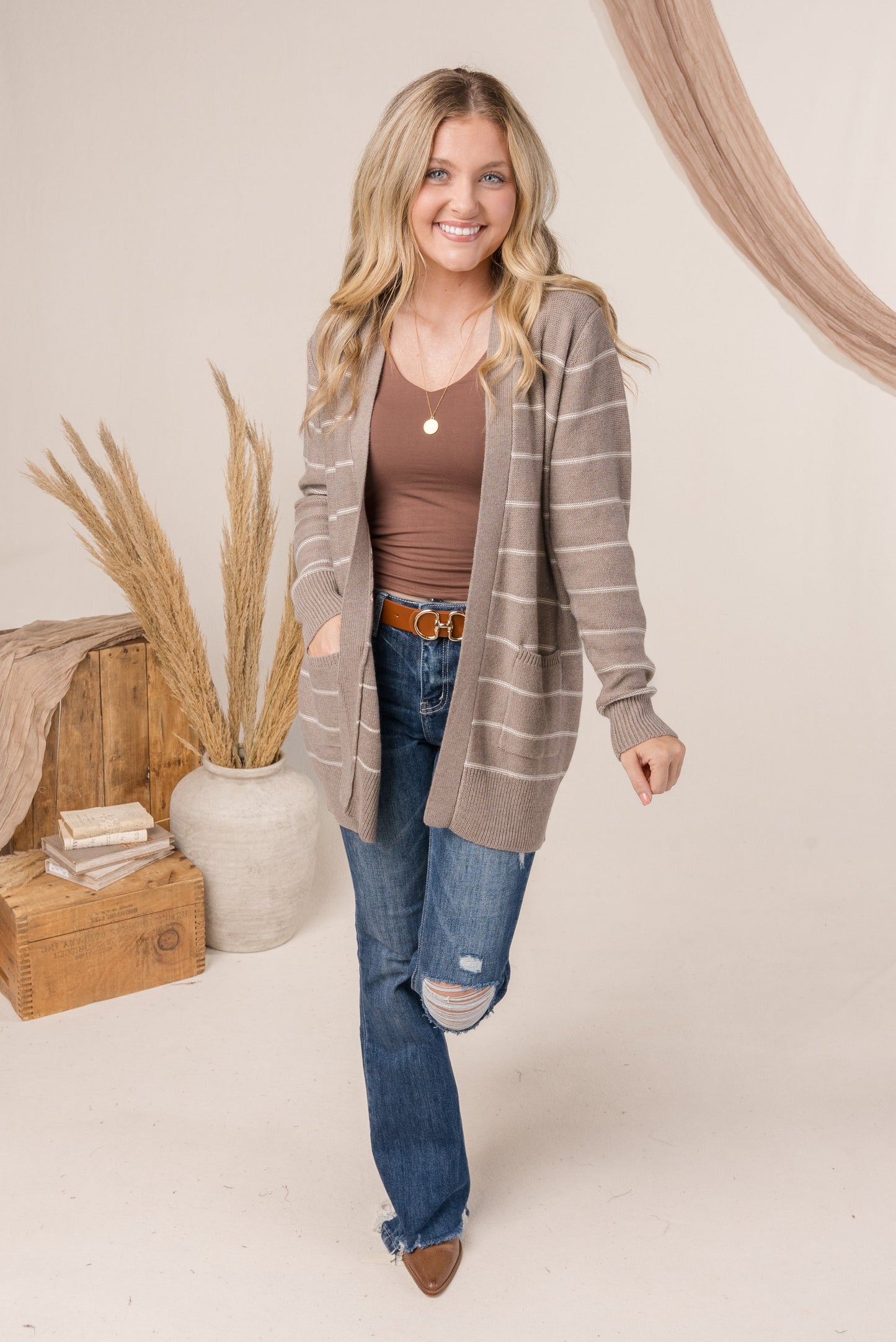 Striped Open Front Cardigan