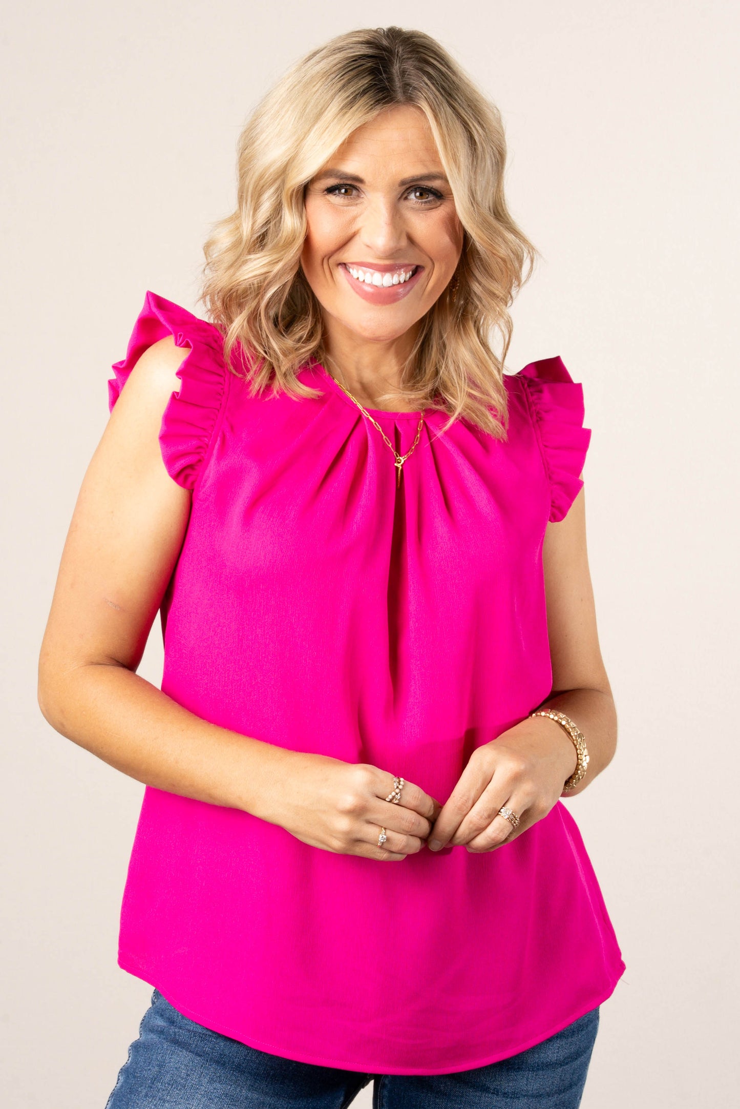 Pleat Neck Ruffle Shoulder Top