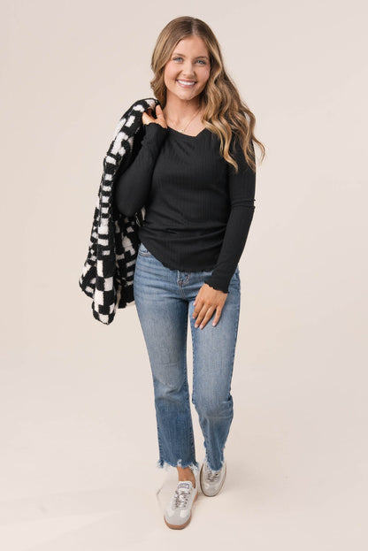 Textured Knit Lettuce Hem Top