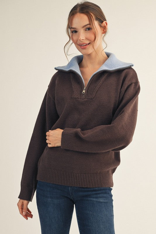 Contrast Color Quarter Zip Sweater