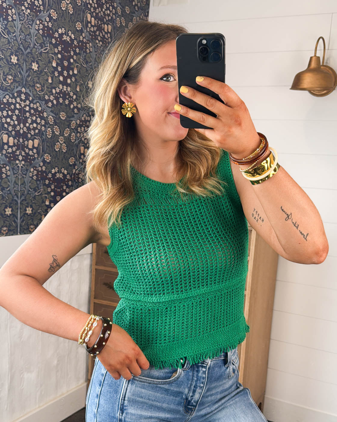 Head Turner Crocheted Knit Fringe Hem Top