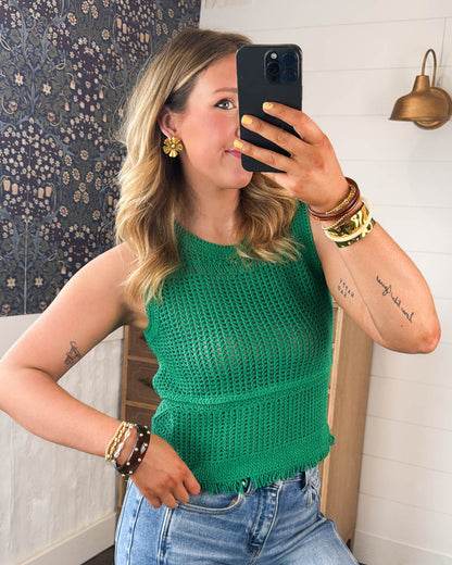 Head Turner Crocheted Knit Fringe Hem Top