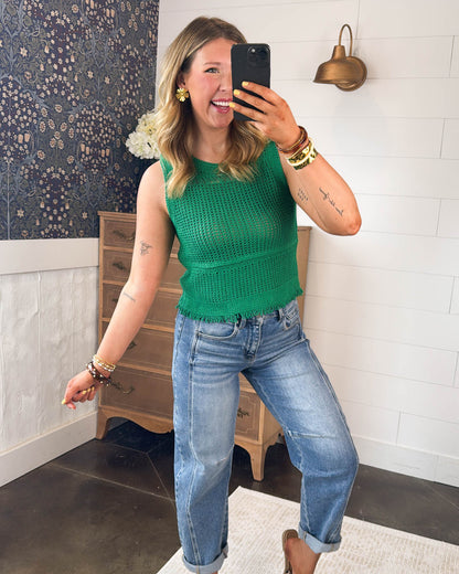 Head Turner Crocheted Knit Fringe Hem Top