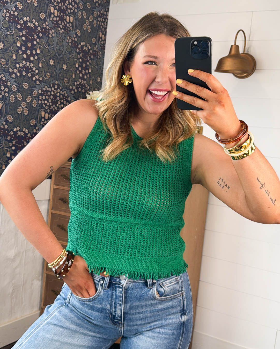 Head Turner Crocheted Knit Fringe Hem Top