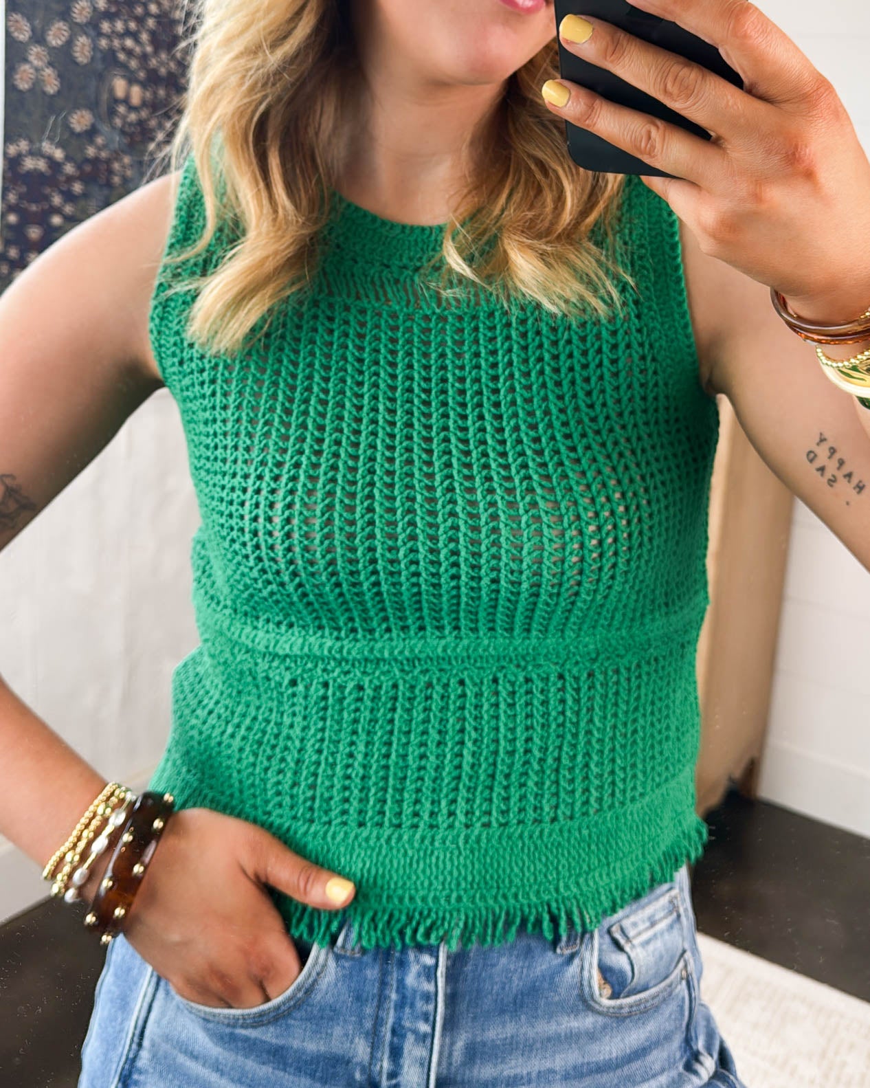 Head Turner Crocheted Knit Fringe Hem Top