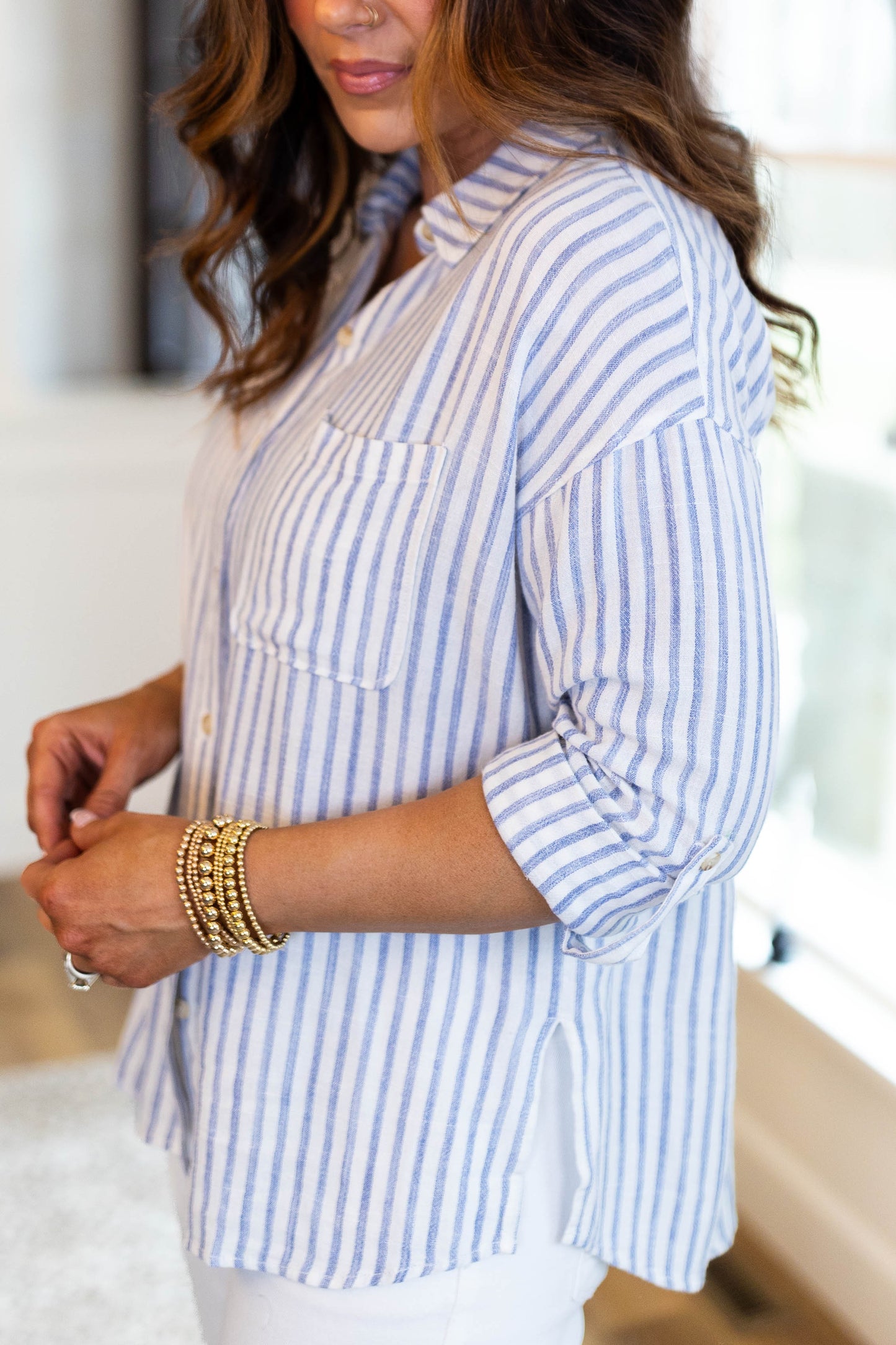 Striped Linen Tab Sleeve Shirt