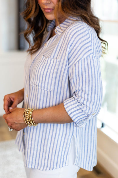 Striped Linen Tab Sleeve Shirt