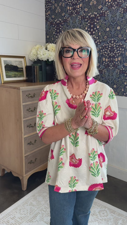 Painted Petal Floral Abstract Frill Neck Top