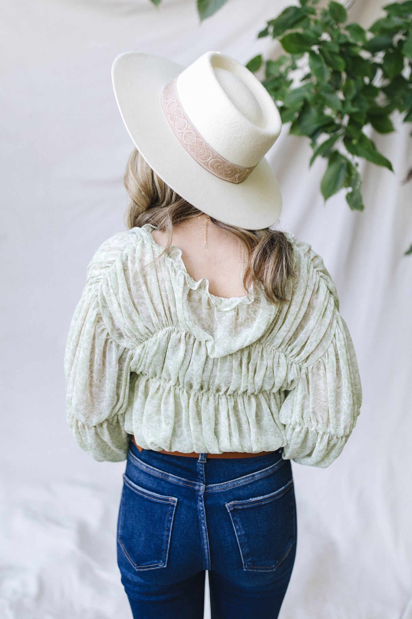 sku29788 | Floral Ruched Ruffle Neck Blouse *Final Sale*