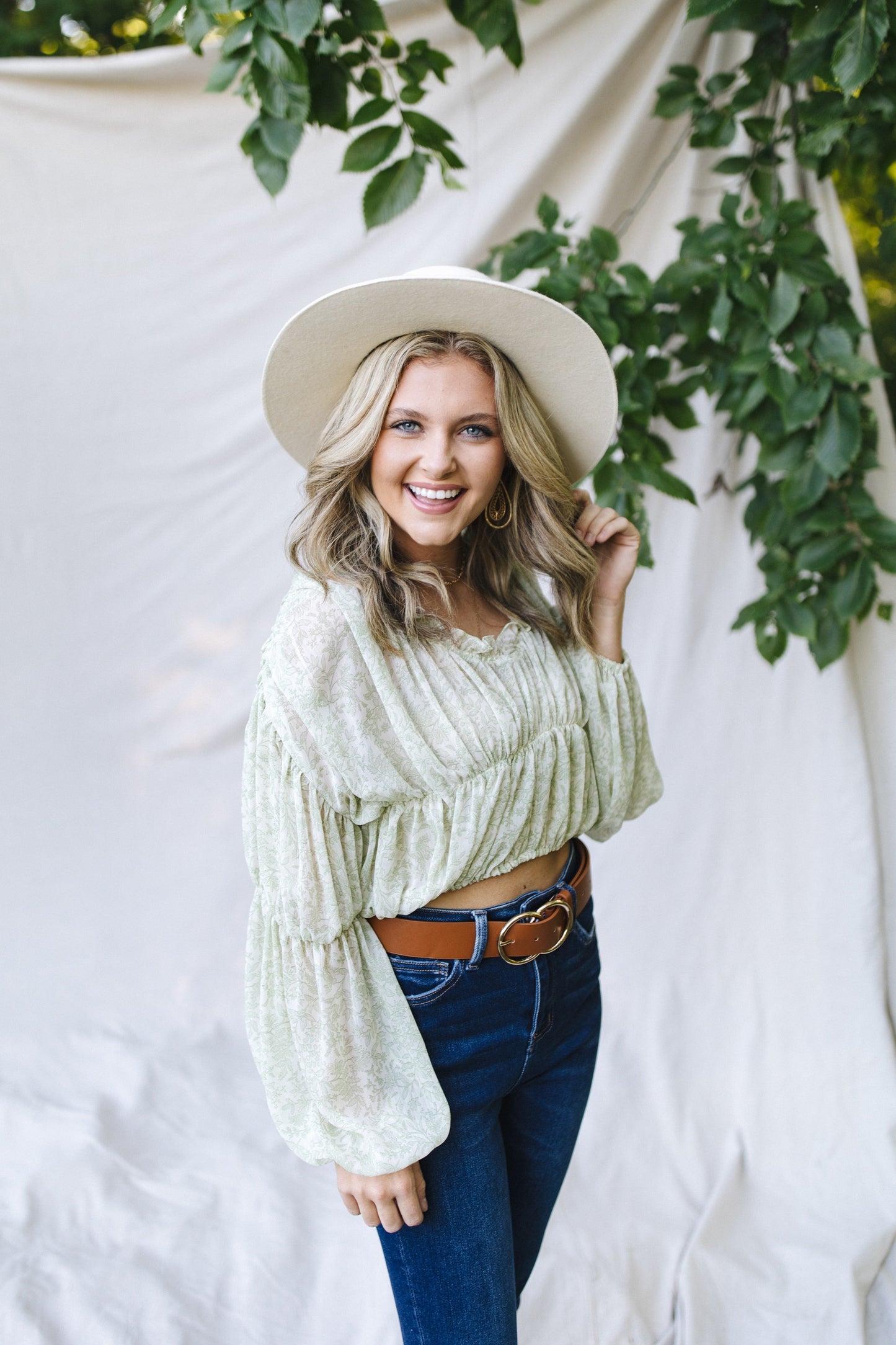 sku29788 | Floral Ruched Ruffle Neck Blouse *Final Sale*
