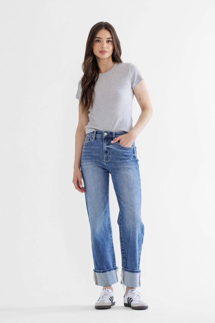 (MDP-T3308) Mica High Rise Cuffed Straight Leg Jeans PRE-ORDER